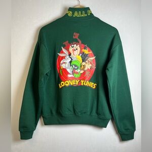 Vintage Looney Tunes Women’s Sz S Green 1/4 Zip Sweater Cartoon Graphic Crewneck